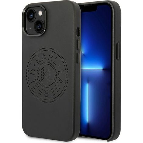 Custodia per iPhone 14 Plus nera in pelle traforata con logo Karl Lagerfeld (1/5)