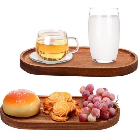 Juego de 2 bandejas ovaladas de madera de acacia con bordes elevados – para cocinar, postres, pan – madera natural
