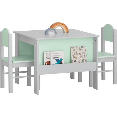 Sobuy – Table enfant 60x60x48 cm avec 2 chaises 28x25x55 cm – KMB88HG – MDF E1 – Rangement avec étagères – Gris clair et vert clair (1/5)