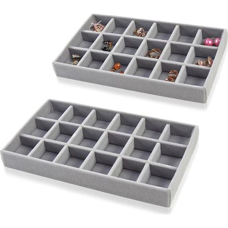 Plateau à bijoux empilable, organiseur de tiroir pour ranger colliers, bracelets, boucles d'oreilles, bagues et montres (lot de 2) (gris) (1/5)