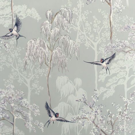 Japanese Garden Wallpaper Arthouse Birds Tress Floral Grey Lilac (1/4)