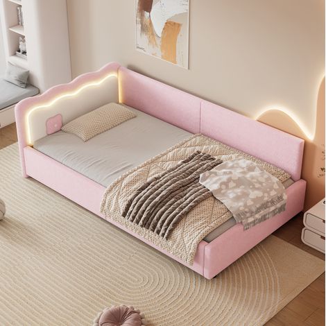 Lit 90x200 cm rose – LED d’ambiance, tête de lit et sommier, sans matelas (1/5)