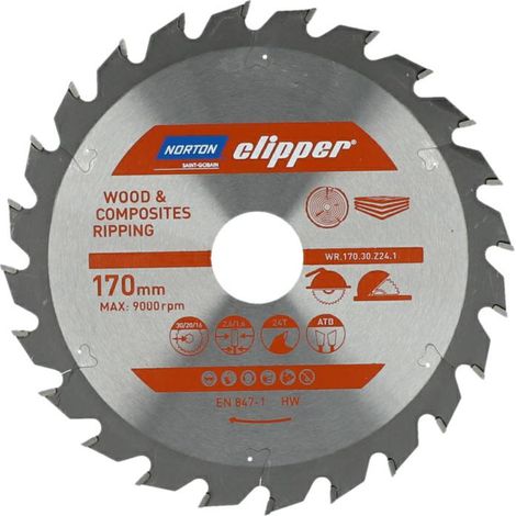 Scie circulaire Norton, modèle 170 mm x 30 mm x 48 dents, pour bois et matériaux composites, géométrie ATB, 9500 tr/min, coupe longitudinale et transversale, rapide et précise.