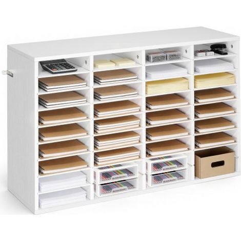 Estante de Almacenamiento de Documentos 36 Compartimentos, Organizador de Archivos de Madera 95,7 x 30 x 60 cm, Clasificador de Literatura con Estantes Desmontables para Oficina, Aulas, Blanco (1/5)