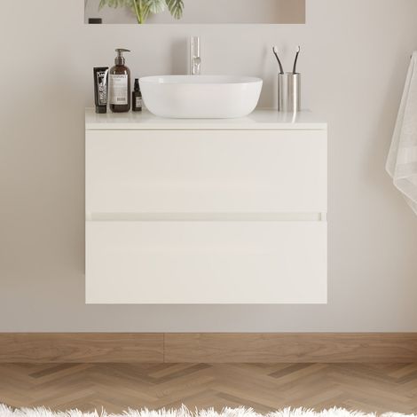 Meuble de salle de bain 60cm avec plateau et vasque à poser arrondie - 2 tiroirs - sans miroir - blanc brillant - IDA (1/5)