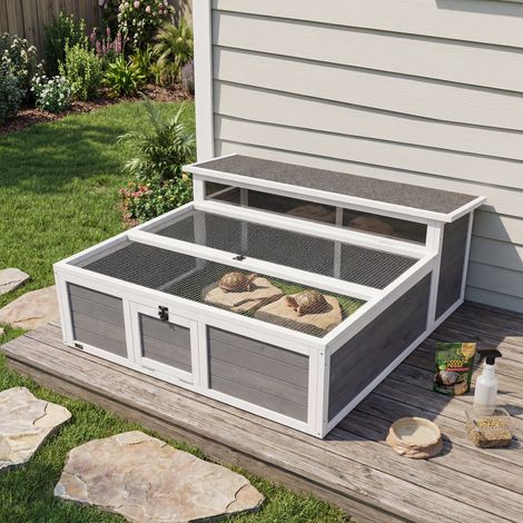 Casetta per tartarughe, habitat a 2 zone con tetto apribile in bitume e rete, finestra, 113x106,5x44,5 cm, grigio scuro (1/5)