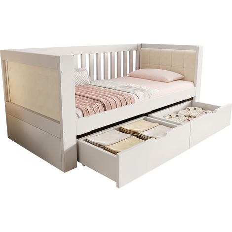 Lit de jour 90x190 cm blanc avec 2 tiroirs, en bois, lit de jour avec accoudoirs arrondis, dossier confortable, parfait pour petits appartements ou studios, montage facile, sans matelas (1/5)