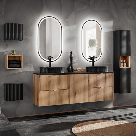 Badmöbel Set 7-teilig, 160cm Doppelwaschtisch, in Eiche und schwarz, NEWPORT-56-OAK (1/5)