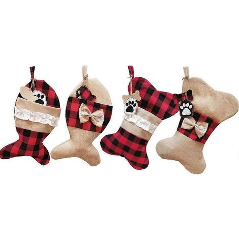 Chaussettes de Noël pour animaux (lot de 4) en toile de jute à carreaux, à suspendre au sapin ou à la cheminée. (1/5)