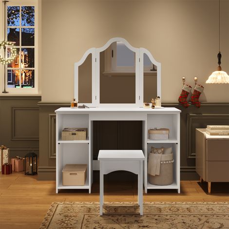 WOLTU Kinder Schminktisch, Frisiertisch mit Hocker Spiegel, Kinder Kosmetiktisch mit Abnehmbarer Dreifachspiegel, 4 offenen Fächern, verstellbare Einlegeböden, Kosmetiktisch, MDF, weiß (1/5)