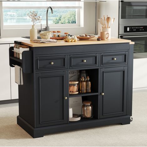 REDOM Isola da cucina 112x45x92 cm, piano laterale estraibile, 3 cassetti e portaspezie, MDF, nero e naturale (1/5)