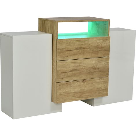 Buffet, commode moderne, meuble 140 cm, blanc brillant et couleur bois, effets lumineux LED multicolores. Solution de rangement élégante (surface partiellement brillante)