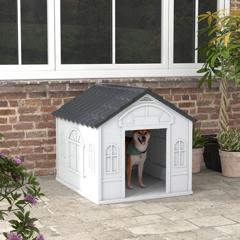 Niche pour chien en polypropylène étanche avec toit incliné et porte d'entrée. 84,2 x 98,2 x 82 cm. Grise.