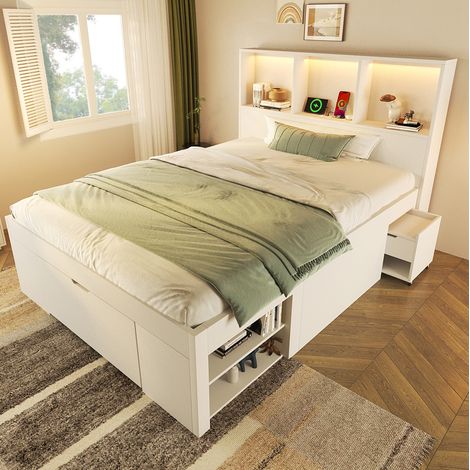 Cama dormitorio con almacenaje LED y mesita móvil OKMYHOME (1/5)