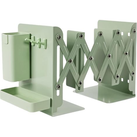 Serre-livres réglables métal vert avec porte-stylo, télescopique, boîte rangement et crochets, bureau école