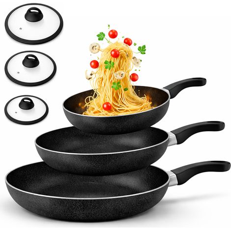 Set 6 Pezzi Padelle in Alluminio Nero con Coperchio per Tutti i Piani Cottura