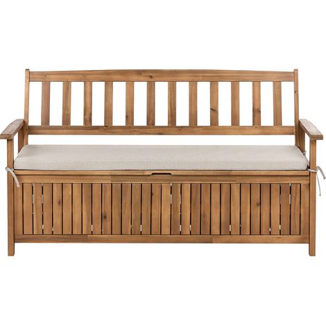 Banc de Jardin avec Rangement Rustique en Bois d'Acacia 160 cm avec Coussin en Oléfine Beige Sovana (1/5)