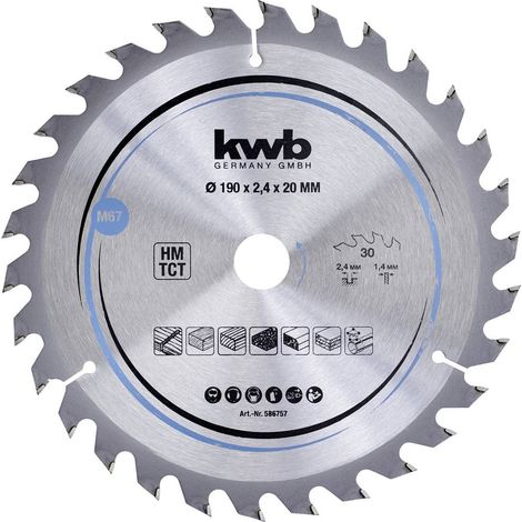 kwb 586757 Lama per sega circolare per trucioli, legno/legno duro, 190 x 20 mm, tagli puliti, numero medio, 30 denti Z-30, Lama per sega CleanCut media, 190 x 20