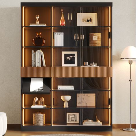 MODFU – Vitrina 120x28,5x180 cm de MDF/vidrio con LED, puertas correderas, 3 cajones y puerta abatible – Negro/marrón