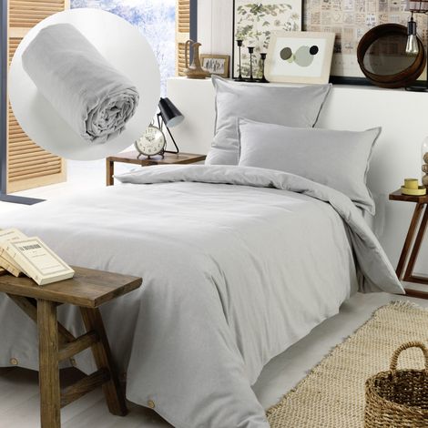 Pack Housse de couette en flanelle 140x200 cm + 1 taie 50x70 + drap housse 90x190 Gris (1/4)