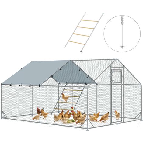 PawHut gallinero para exterior 3x4x2 m con comedero colgante tipo brocheta percha cubierta anti-UV e impermeable para conejos patos gansos plata (1/5)