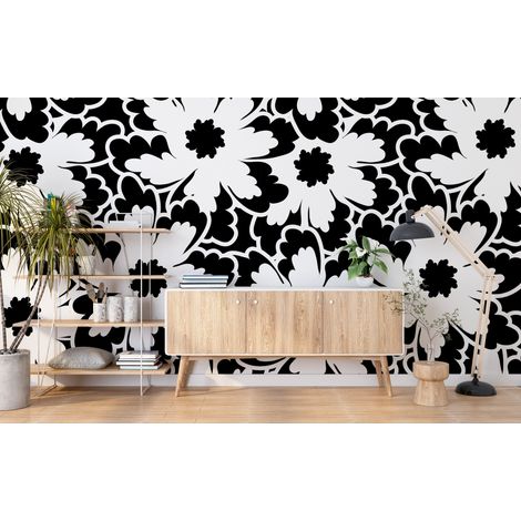 Papier peint fleuri - grands dahlias noir et blanc - 150 x 250 cm (1/2)