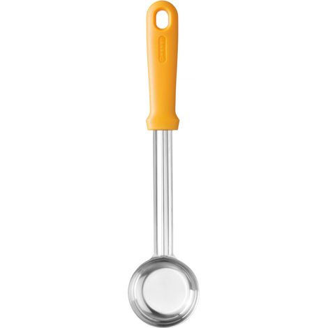 Louche à sauce pour pizza, fond plat, poignée ergonomique, robuste, cuillère doseur à pizza, cuillère de cuisine, capacité : 90ml, 330x72x(H)27mm, acier inoxydable, PP, orange (1/2)