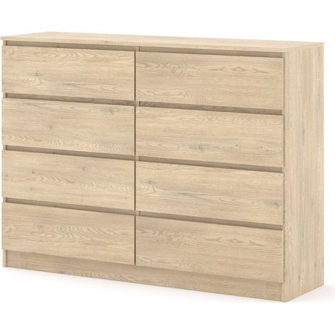 Bim Furniture – Commode 140 cm chêne Cremona – 8 tiroirs spacieux – Panneau stratifié 16 mm – Commode sur socle pour excellente stabilité
