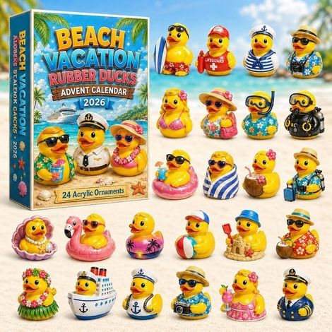 Calendario dell'Avvento 2026 2D con paperella di gomma in spiaggia