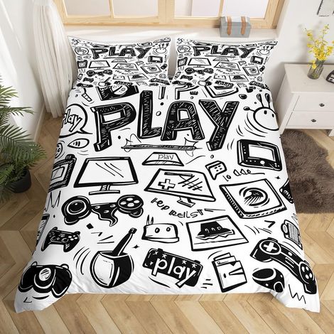 Housse de Couette Enfant 220x240 Gamer, Parure de Lit Gaming Deco Chambre Ado Garcon, Sets de Housses de Couettes Jeux Vidéo Manette de Jeu, Couvre Lit Graffiti Noir et Blanc - 220x240cm + 2 Taies Ore (1/5)