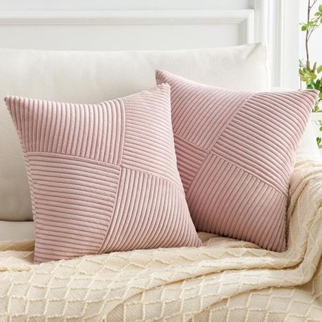 Housse de Coussin Rose 45x45 en Velours Côtelé Super Doux Canape Motif à Rayures Patchwork Decoration Maison Salon Chambre pour Canapé Lot de 2 (1/5)