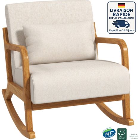 Fauteuil à bascule rembourré, structure en bois, style décontracté pour salon et chambre - Crème (1/5)