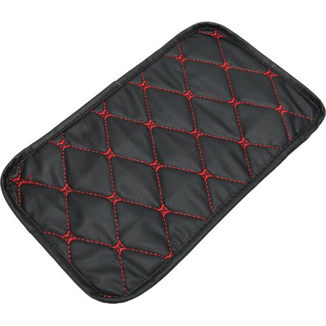 Tapis/housse de rangement pour accoudoir de voiture, en cuir PU, facile à nettoyer, base noire avec surpiqûres rouges. (1/5)