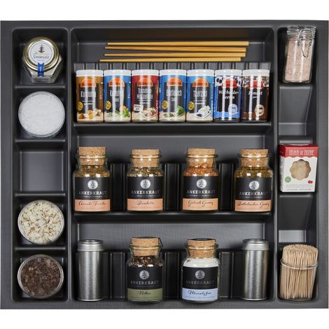 ORGA-BOX I Multi-Gewürzdoseneinsatz 513 x 473 x 28 mm lavagrau mit Perlstruktur Multi-Gewürzglaseinsatz für Tandembox Antaro / Intivo u. ModernBox im 60er Schrank Schubladeneinsatz