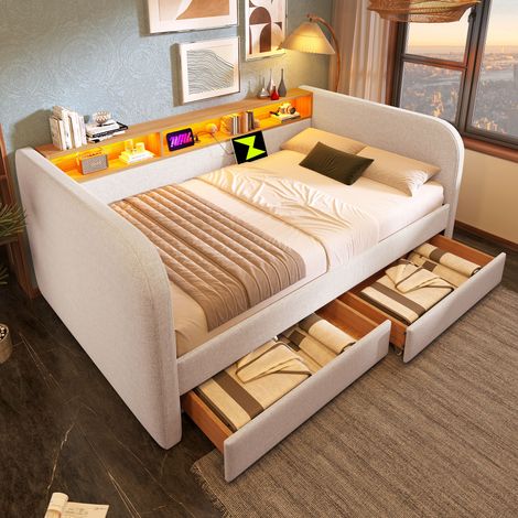 Divano letto per adulti 140x190 cm con LED, USB-C, 2 cassetti, testiera con contenitore, rete a doghe, lino beige