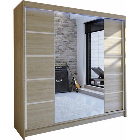 Armoire Closico 154, Sonoma chêne, 215x180x58cm, Portes d'armoire: Coulissantes, Nombre d'étagères: 5, LED