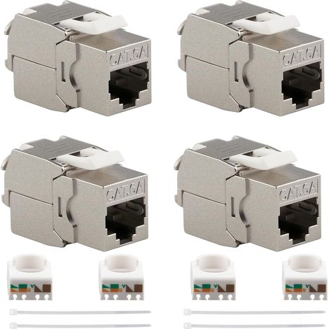 4 x RJ45 Cat 6A Shielded Keystone Module, RJ45 Cat 6A Female Keystone Module 10GBit/s 500MHz, AWG 26-22 Compatible, Snap-in Toolless Installation, for Patch Panel and Network Socket (1/5)