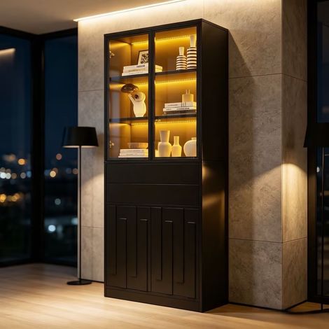 Vetrina espositiva led - 70x34x180 cm - mobile alto da soggiorno con 2 ante in vetro e 2 cassetti per cucina ufficio - legno nero opaco (1/5)