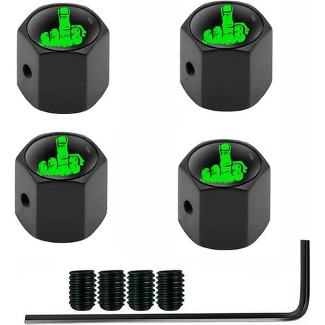 (Doigt-Noir-Vert) 4 bouchons de valve antivol pour pneus de voitures, camions et motos. Bouchon de valve en forme de doigt central, joint anti-poussière et verrouillage étanche. (1/5)