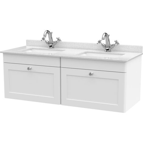 Swynnerton Traditional 2 Drawer Wall Hung Vanity Unit with Double Marble Basin, Satin White, 1200mm