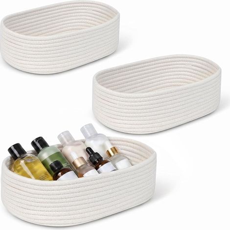 3 Pièces Panier Rangement Salle de Bain en Corde de Coton Tressé, Empilable, Rangement Table a Langer Bebe, Petit Panier Tressé pour Salle de Bain, Chambre, Bureau, Blanc, 3 Tailles. (1/5)
