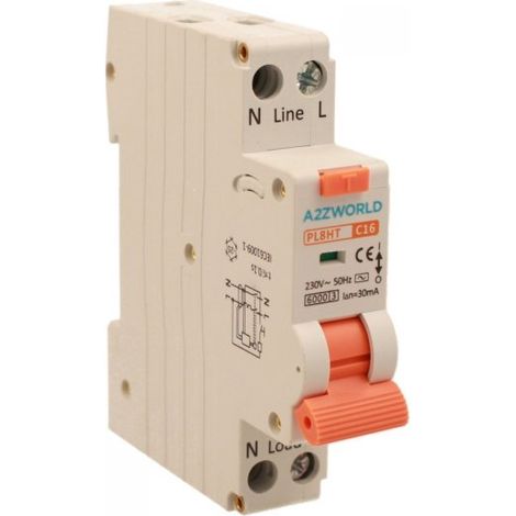 RCBO Interruttore Magnetotermico Differenziale Tipo AC Curva C 1P+N 1M 6000A 30mA C16A AC 230V IP20 IEC61009-1 PL8HT