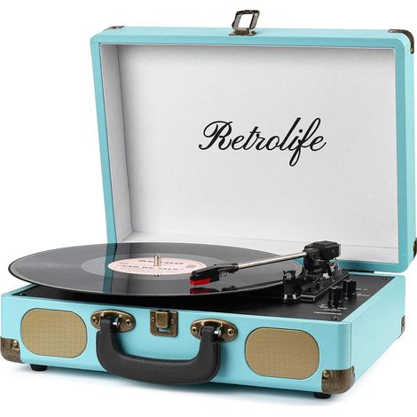 Platine Vinyle 3 Vitesses Bluetooth Portable Bleu Classique Tourne Disque 33/45/78 TR/Min, Courroie avec Haut-Parleurs Intégrés, Sortie Ligne RCA, Entrée Auxiliaire, Prise Casque (1/5)