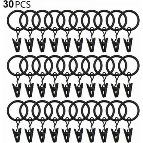 30 Gardinenringe mit Clips, stabile Gardinenclips, Haken an der Spannstangenhalterung, Metallösen mit Innendurchmesser, dekorative Gardinenaufhänger, schwarz