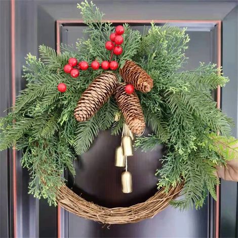 Guirlande De Noël - Base En Vigne - Clochettes Dorées Et Pommes De Pin - Décor Intérieur Extérieur - 1 Pièce (1/5)