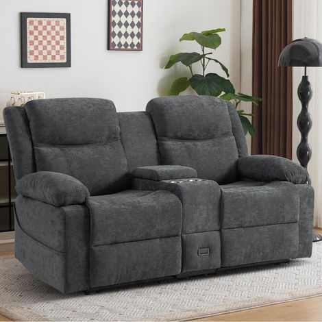 Zweisitziges Relaxsofa mit Mittelkonsole, USB & Becherhaltern, Stoff Grau (1/5)