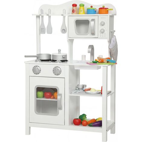 Cuisine blanche en bois avec sons, évier, micro-ondes et accessoires, dès 3 ans, jouet d'imitation design sobre pour enfant pratique et ludique