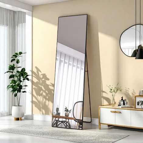 Miroir sur Pied 140x40cm, Miroir de Sol rectangulaire Pleine Longueur, Miroir Mural à Suspendre ou à Poser, avec Cadre en Aluminium Noir, pour Salle de Bain, Chambre, Entrée