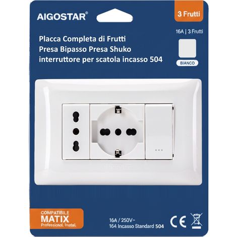 Aigostar Placca Placchetta Completa 1 Prese Bipasso 1 Shuko 1 Interruttore 504