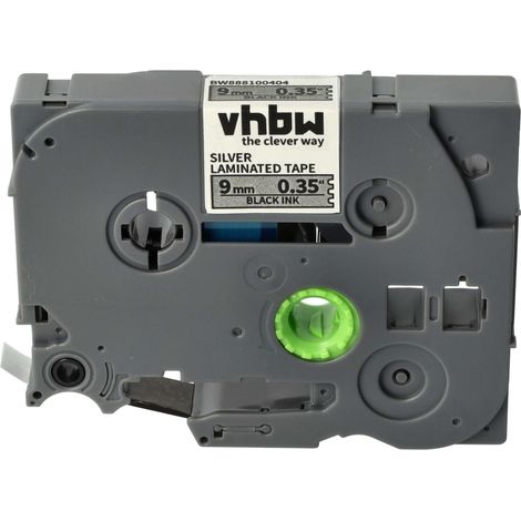 vhbw Label Tape compatible with Brother PT 2400, 220, 2110, 2200, 2210, 2300, 2310 Label Printer 8m x 9 mm, Black on Silver, Laminated (1/4)